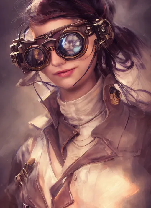 Image similar to girl, steampunk, goggles, pilot, portait, made by stanley artgerm lau, wlop, rossdraws, james jean, andrei riabovitchev, marc simonetti, yoshitaka amano, artstation