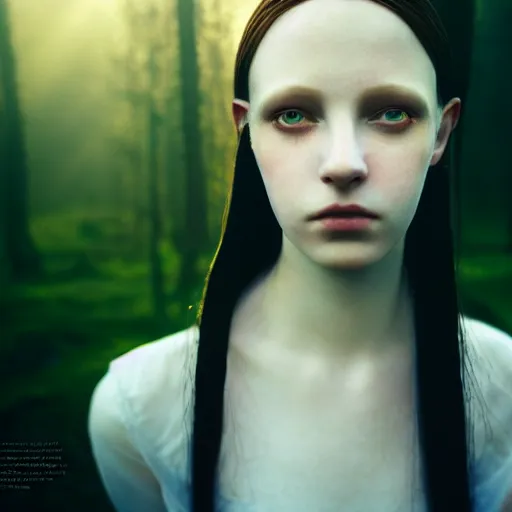 Image similar to photographic portrait of a stunningly beautiful english emo renaissance female in soft dreamy light at sunset, summer forest, soft focus, contemporary fashion shoot, in a denis villeneuve and tim burton movie, by edward robert hughes, annie leibovitz and steve mccurry, david lazar, jimmy nelsson, extremely detailed, breathtaking, hyperrealistic, perfect face, octane render