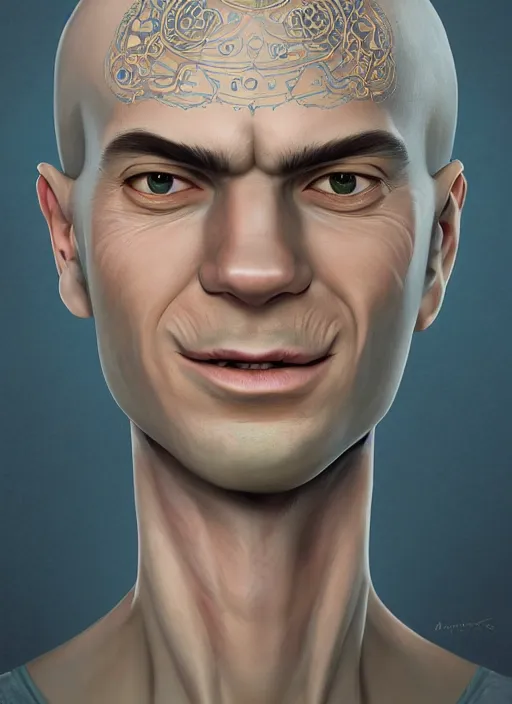Prompt: head-on symmetrical centered painted portrait, a smiling bald androgynous man with no beard with completely blue skin in his twenties as a D&D wizard, fantasy, intricate, elegant, highly detailed, digital painting, smooth, sharp focus, illustration, artstation, in the style of Artgerm and Anna Podedworna and Charlie Bowater and Michael Garmash
