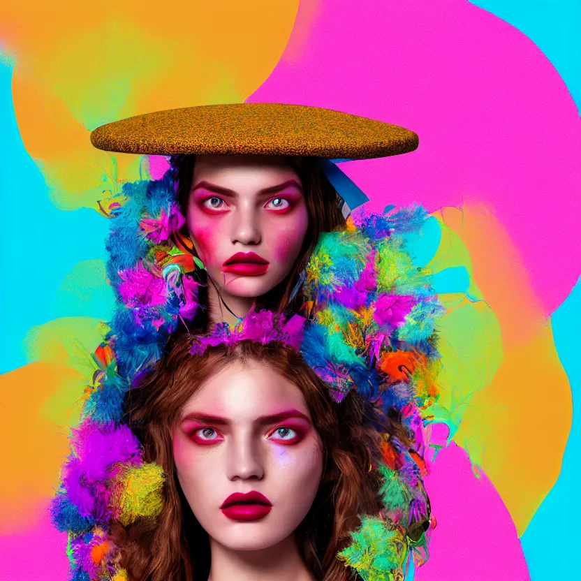 Prompt: full frontal portrait of a post modern hybrid fashion model with an exuberant hat, colorful, photo realistic face, octane render, vray, detailed, halftoned, editorial illustration, matte print, grainy global light, ( ( dither ) ), risograph, high contrast, screen print, grainy texture