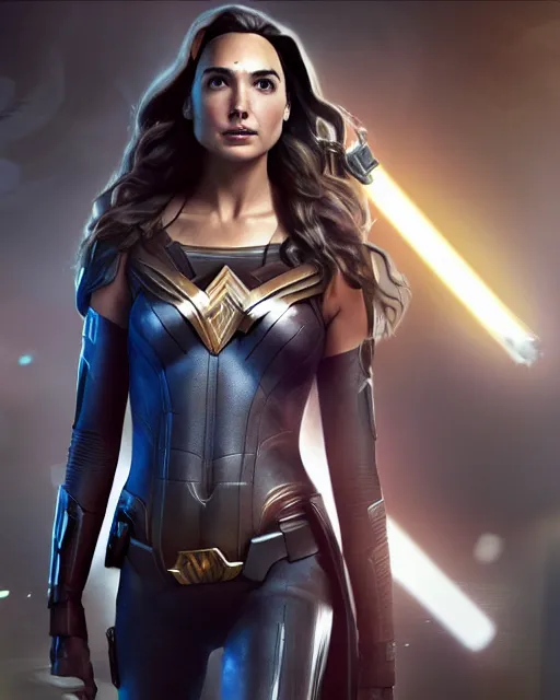 Image similar to gal gadot portraying a beautiful jaina solo from star wars legends, beautiful gal gadot jaina solo in a black suit, movie, hyper realistic, hollywood promotional image, imax, 8 k