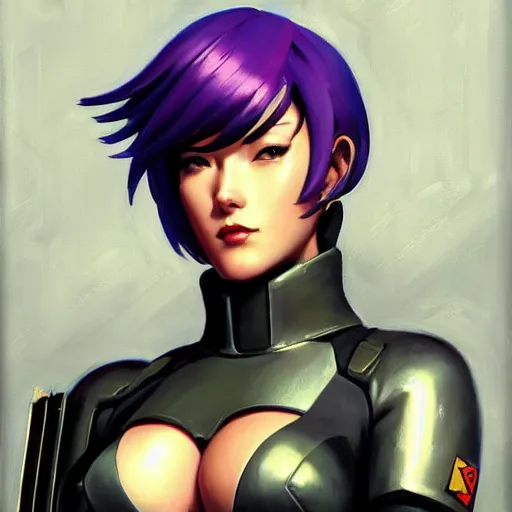 Image similar to greg manchess portrait painting of partially armored motoko kusanagi aka major as overwatch character, medium shot, asymmetrical, profile picture, organic painting, sunny day, matte painting, bold shapes, hard edges, street art, trending on artstation, by huang guangjian and gil elvgren and sachin teng