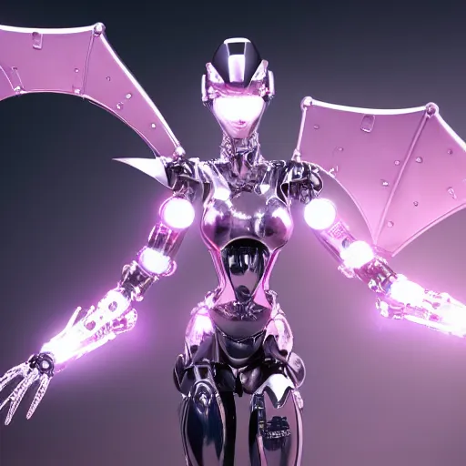 Image similar to a beautiful female robot, shiny white silver plated armor engraved, Fuchsia skin beneath the armor, sharp claws, long tail, robot dragon hands and feet, elegant pose, close-up shot, digital art, 8k HD render, epic lighting, depth of field