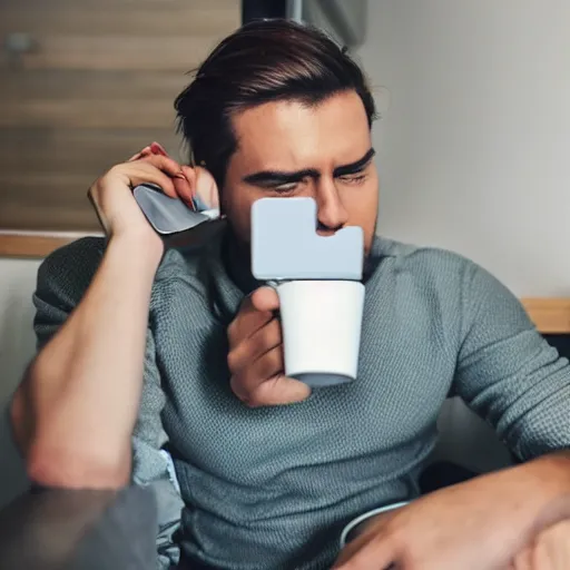 Prompt: a thoughtful wealthy young man sitting on a toilet drinking coffee and scrolling tiktok on his iphone, distant thoughtful look