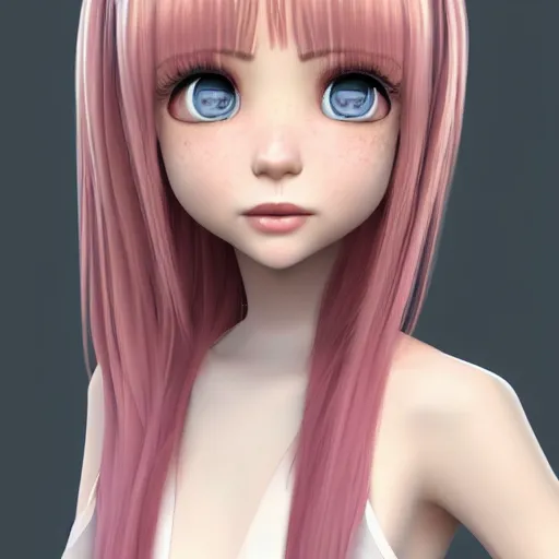 Image similar to Render of Nikki from Shining Nikki Dress-Up Game, a cute 3D young woman, long light pink hair, full bangs, full round face, hazel amber eyes, pale skin, cute freckles, light blush, Chinese heritage, smiling softly, wearing casual clothing, interior lighting, cozy living room background, medium shot, mid-shot, hyperdetailed, trending on Artstation, Unreal Engine 4k