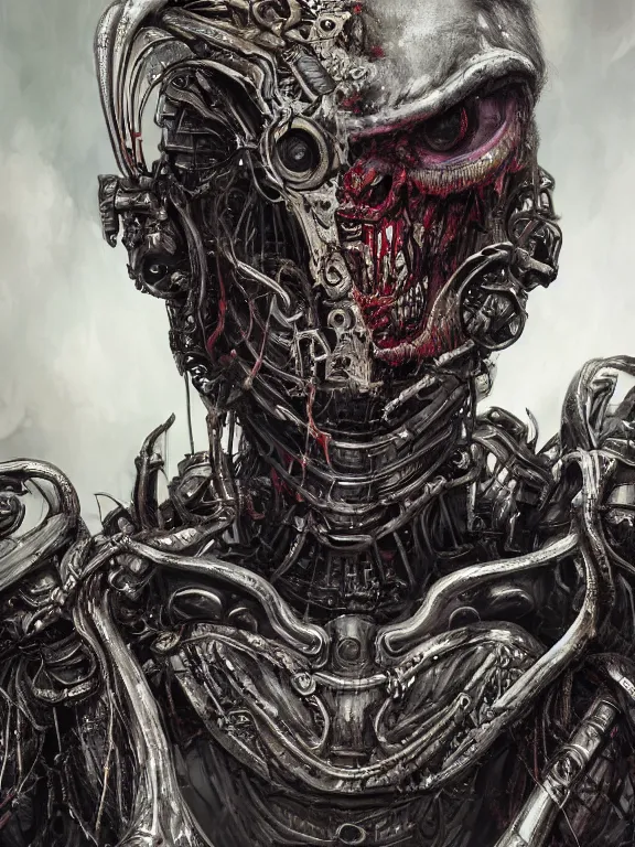 Image similar to portrait art of 8k ultra realistic undead alien, detailed intricate ornate armour,decaying, cybernetic, full of colour, cinematic lighting, battered, trending on artstation, 4k, hyperrealistic, focused, extreme details,unreal engine 5, cinematic, masterpiece, art by ayami kojima, giger