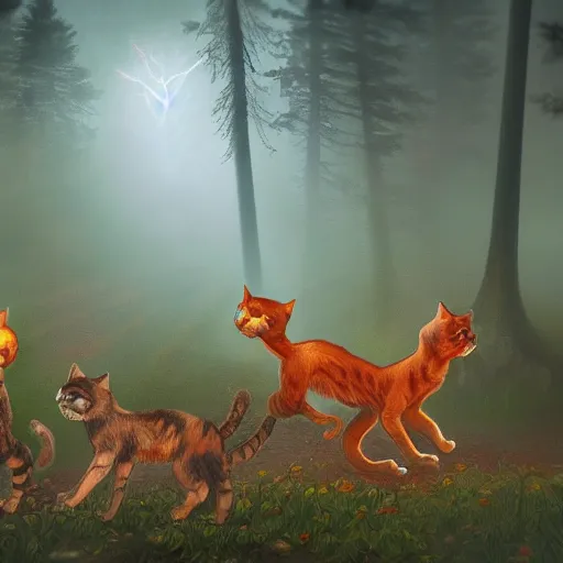 Image similar to A series of angry cats fighting with phoenix dogs in a murky forest with volumetric fog in the style of louis wain high detail trending on artstation octane render impasto