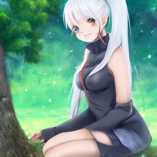 Image similar to beautiful anime girl with white hair sitting next to a tree which was formerly a human, artstation, high quality, highly detailed, drawn wpl