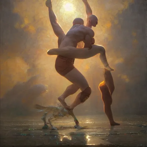 Image similar to bald wrestler breaking blonde wrestler's back, radiant light, caustics, heroic, bright iridescent light, by gaston bussiere, bayard wu, greg rutkowski, maxim verehin, epic wrestling combat, legendary