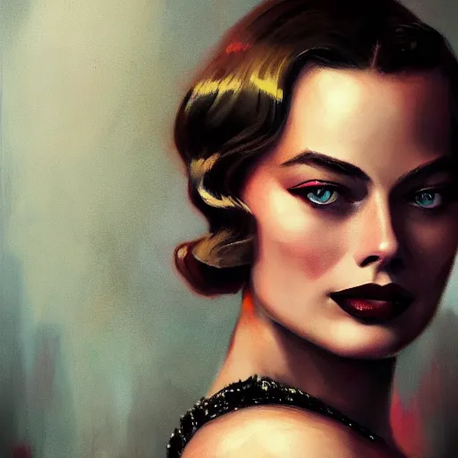 Image similar to closeup portrait of margot robbie, 1 9 2 0 s, femme fatale, dramatic lighting, city background, chiaroscuro, high detail, painted by greg rutkowski, painted by igor kieryluk, painted by bobby chiu, trending on artstation