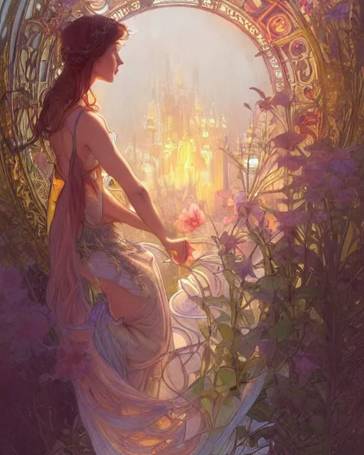 Image similar to secret romance, highly detailed, gold filigree, romantic storybook fantasy, soft cinematic lighting, award, disney concept art watercolor illustration by mandy jurgens and alphonse mucha and alena aenami, pastel color palette, featured on artstation