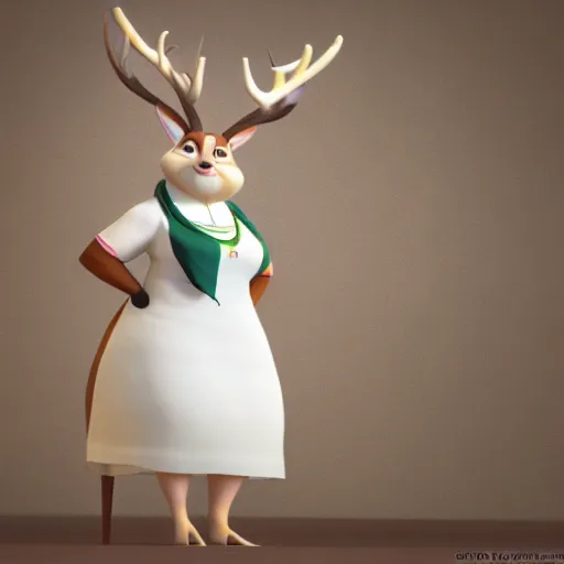 Image similar to portrait, 3 d render, tall slightly fat, anthropomorphic female deer, wearing along white dress, in the style of zootopia,