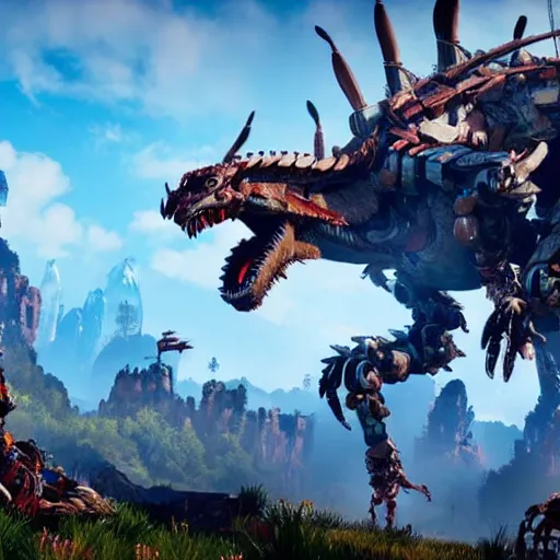 Image similar to cinematic still of horizon zero dawn, intact si - fi robotic fantasy dragon, highly detailed