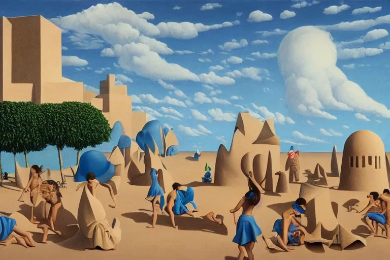 Image similar to escher sand building with a small crowd outside on a tropical island, fluffy clouds, blue sky by magritte and de chirico, surreal oil painting, hyper detailed, masterpiece 4 k