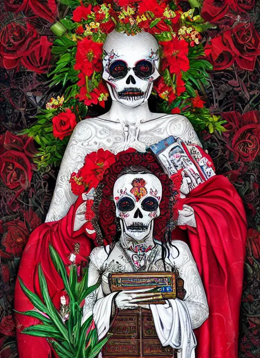 Image similar to masterpiece of Santa muerte with a book in her hand and surrounded by red and white flowers guns and ammunitions offered by devotees, no crop, digital visionary art, extremely high detail, post processed,