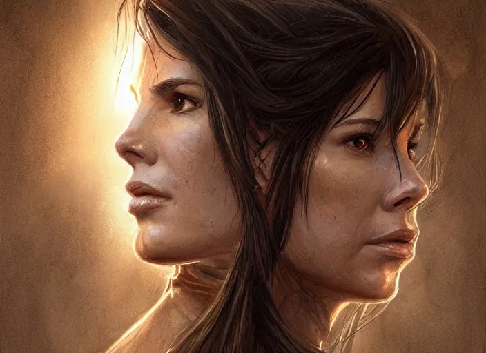 Image similar to face portrait of concentrated young Sandra Bullock as Lara Croft entering the large Minas Tirith gate, sun beams, intricate, elegant, highly detailed, centered, digital painting, artstation, concept art, smooth, sharp focus, illustration, Allan Lee, John Howe