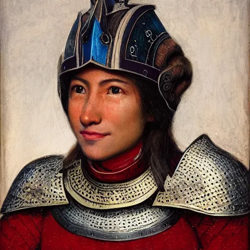 Prompt: head and shoulders portrait of a female knight, quechua!, cuirass, tonalist, symbolist, realistic, baroque, detailed, modeled lighting, vignetting, indigo and venetian red, angular, smiling, eagle