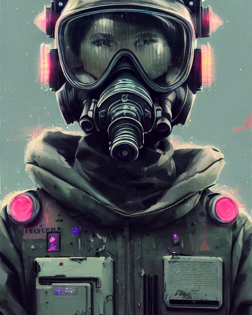 Prompt: detailed portrait neon female swat officer, cyberpunk futuristic, neon, gas mask, reflective puffy coat, decorated with traditional japanese by ismail inceoglu dragan bibin hans thoma greg rutkowski alexandros pyromallis nekro rene margitte, illustrated, perfect face, fine details, realistic shaded, fine - face, pretty face