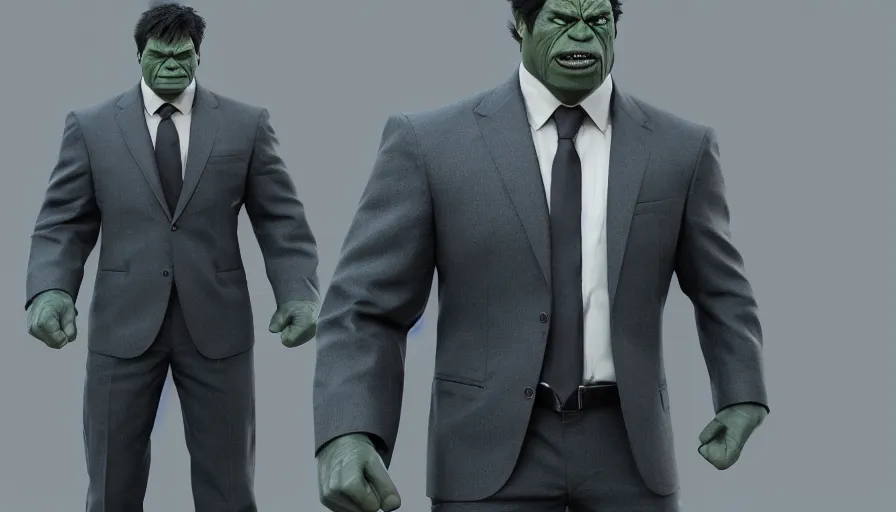 Prompt: Realistic model of Hulk in suit and tie, hyperdetailed, artstation, cgsociety, 8k