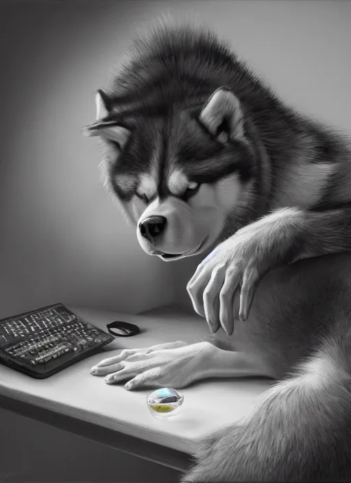 Image similar to insanely detailed chiaroscuro image of a exhausted - looking husky casually - dressed programmer guy on his knees facing his glowing ultrawide computer monitor monitor begging it for forgiveness, oil on canvas, masterwork, fine detail, trending on artstation, emotive, insanely compelling, ryden, koons, moebius