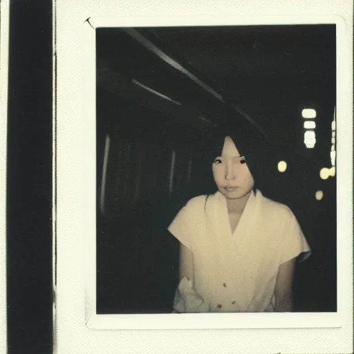 Image similar to polaroid of a young japanese woman on a train at night