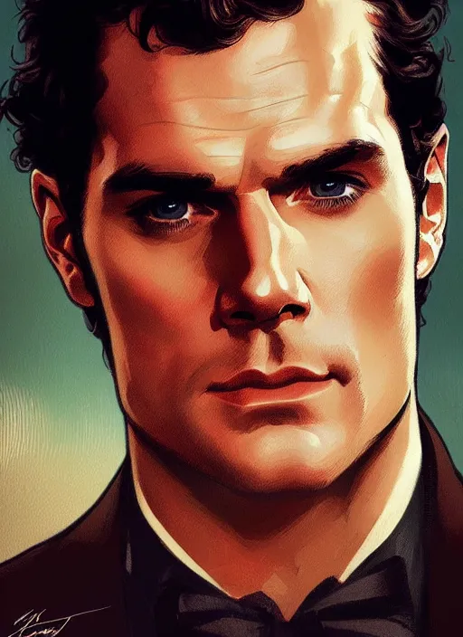 Image similar to portrait of henry cavill as james bond, casino, key art, running, highly detailed, digital painting, artstation, concept art, cinematic lighting, sharp focus, illustration, by gaston bussiere alphonse mucha