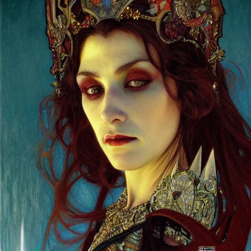 Image similar to portrait of a queen vampire, 35mm, 1920', depth of field, ominous, sharp, photorealistic, realistic, high definition, 8k, deviantart, donato giancola, irwin penn, Alphonse Mucha