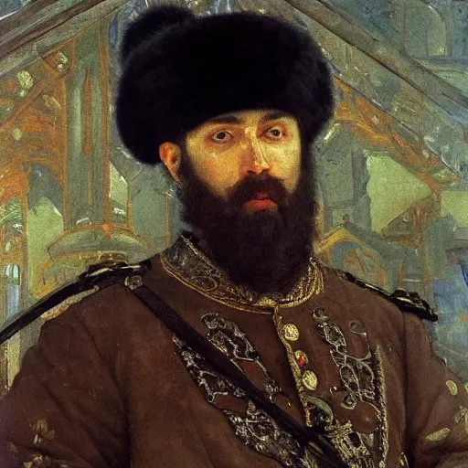 Prompt: portrait of tsar in Cap of Monomakh Ivan the Terrible listening smartphone masterpiece painting by vasnetsov and surikov, JEAN-VICTOR BERTIN, by Terence Cuneo, detailed, artfully traced, 4k resolution, cinematic, dramatic