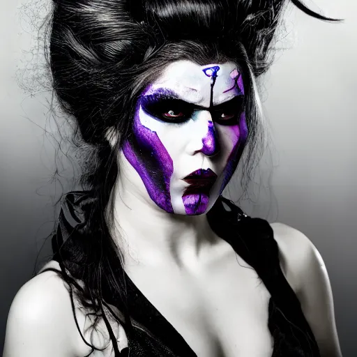 Image similar to gorgeous portrait of a woman as personification of envy (from 7 deadly sins), eyes on camera,intricate detail and composition, symmetric, eyes staring at camera, symmetric face paint, Leica Vario-Elmar-S 30-90mm f/3.5-5.6 ASPH