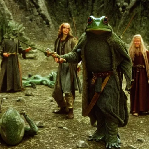 Image similar to movie film still scene, lord of the rings with frog heads