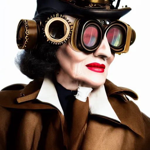 Image similar to dslr photo portrait still of marlene dietrich wearing steampunk goggles, 8 5 mm, f 1. 8, photorealistic, 4 k, octane render,