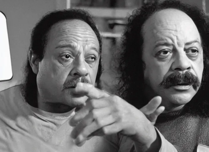 Image similar to film still of young old Cheech Marin with HAL as Dr. Dave Bowman in 2001 A Space Odyssey