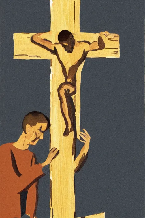 Prompt: man kneeling at the base of a wooden cross, 1960’s minimalist advertising illustration, painterly