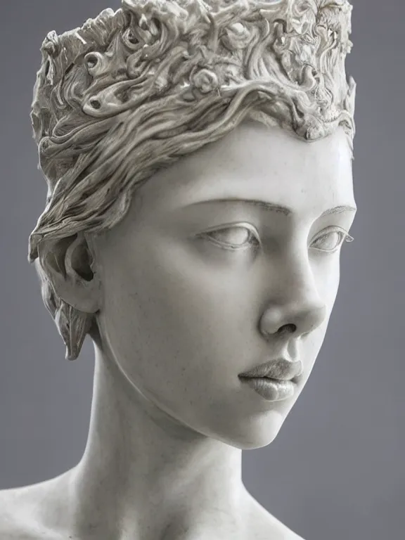 Image similar to a dramatically lit art nouveau white marble and silver portrait sculpture of a very young scarlett johansson as joan of arc, delicate, intricate, smooth, beautiful, glowing, by charles van der stappen