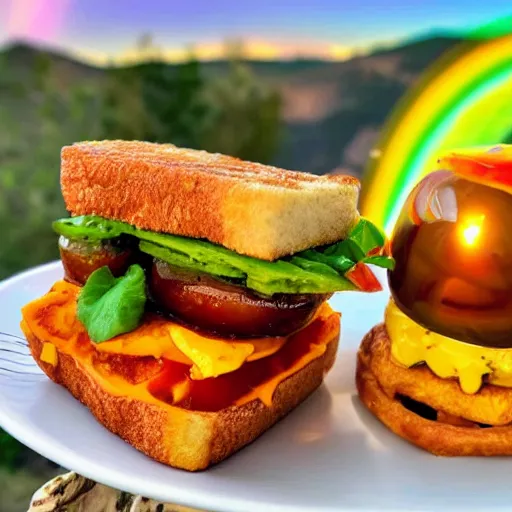 Image similar to sandwich with fried tofu, one tomato slice, one onion ring, avocado, melted cheddar, over a dish that is over a table, with a sunset and rainbow in the background with saturn and stars in the sky