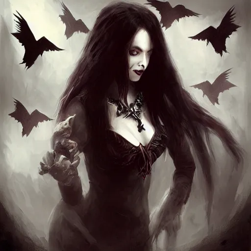 Prompt: raven winged female vampire, fantasy, portrait painted by Raymond Swanland