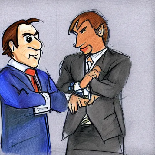 Prompt: a court sketch of saul goodman defending super mario in court, saul goodman and mario, sketch art, court sketch art, saul goodman, mario, very sketchy court sketch