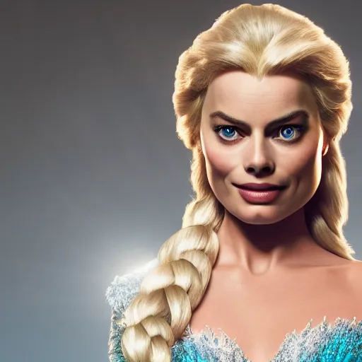 Image similar to Margot Robbie as Elsa in disney frozen live action, 8k full HD photo, cinematic lighting, anatomically correct, oscar award winning, action filled, correct eye placement,