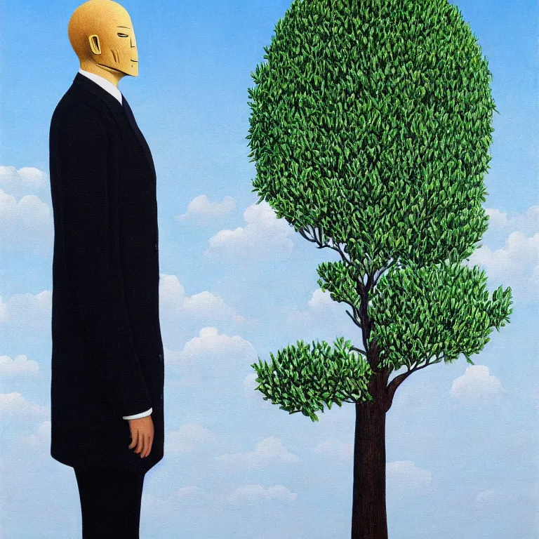 Image similar to portrait of a faceless tree - head man in a suit, clouds in the background, by rene magritte, detailed painting, distance, middle centered, hd, hq, high resolution, high detail, 4 k, 8 k