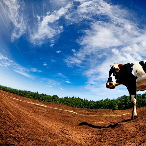 Prompt: a cow on a motocross track, fisheye lens