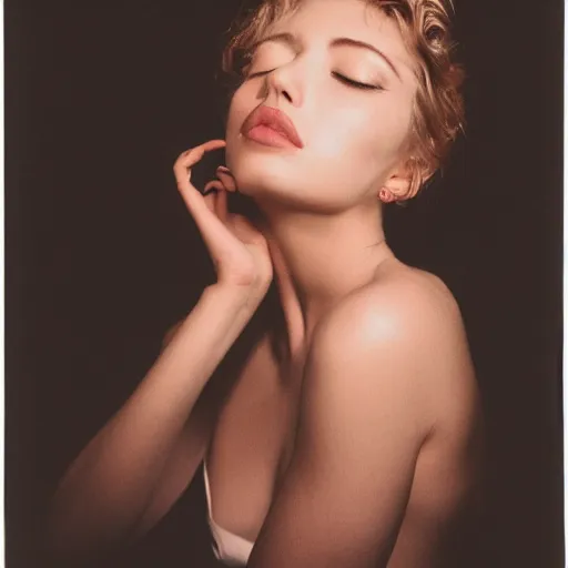 Image similar to Portrait photo of a famous actress posed in profile, eyes closed, natural makeup, studio lighting, highly detailed, cinestill 800t