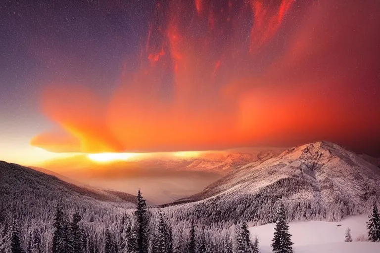 Image similar to amazing landscape photo of nuclear explosion in snowy mountains at sunset by marc adamus beautiful dramatic lighting