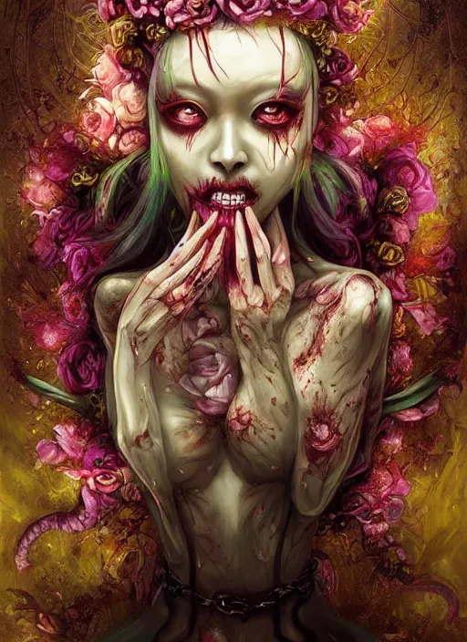 Prompt: elegant flowers, gorgeous korean goddess, beautiful zombie, necronom v painting by lise deharme and hr giger, lovecraft, vibrant color scheme, smile