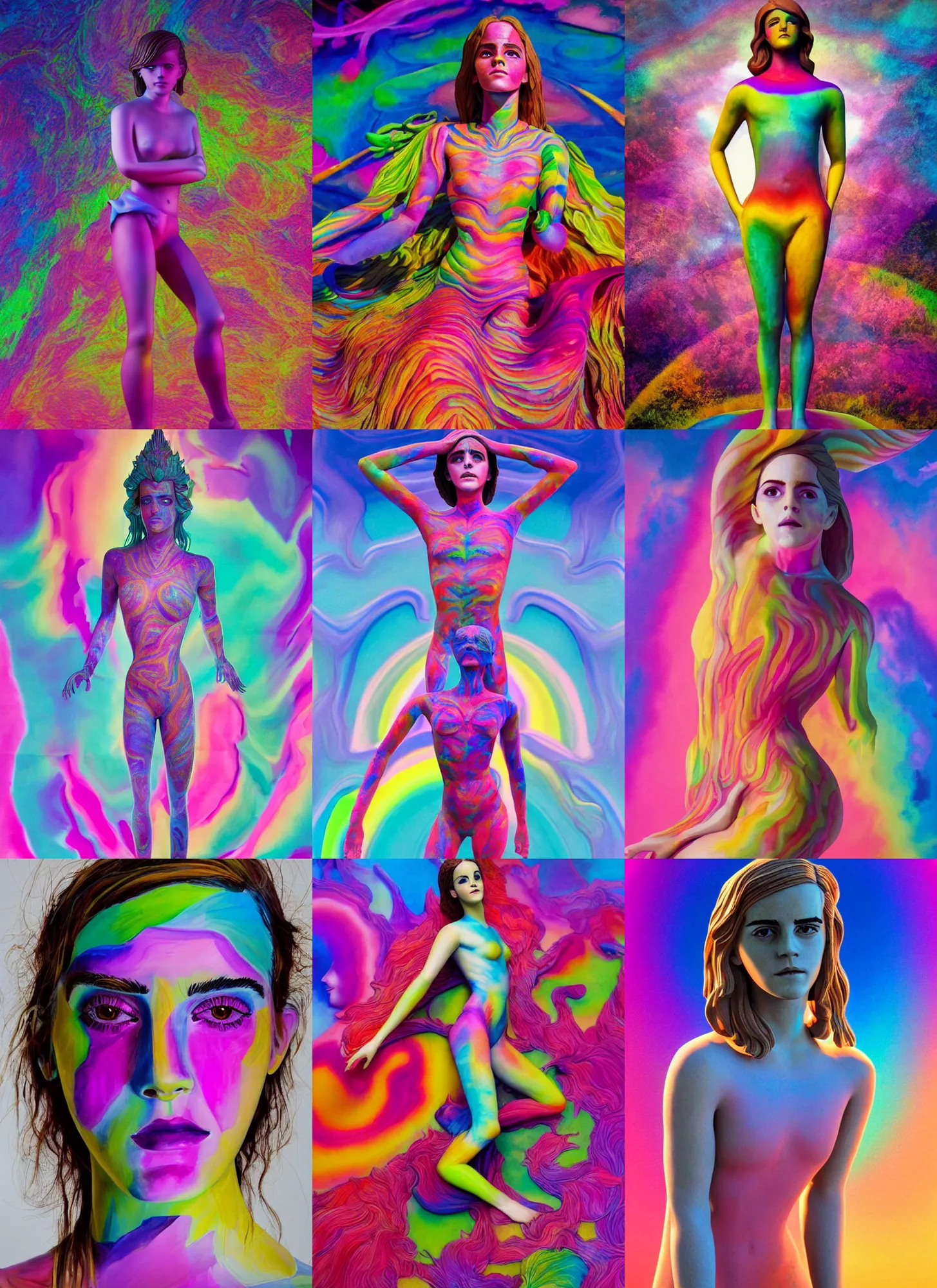 Prompt: full body statue of Emma Watson by roger dean and Luo Li Rong and Michael James Talbot, all body, perfect symmetrical face, colorful, psychedelic psychedelic psychedelic colors, fresh rainbow bodypainting, synthwave, in full growth, elegant, realistic, 8K, female full-skin figure, hyperrealism, subsurface scattering, raytracing, rim light, Octane Render, Redshift, Zbrush, complex psychedelic glitch background