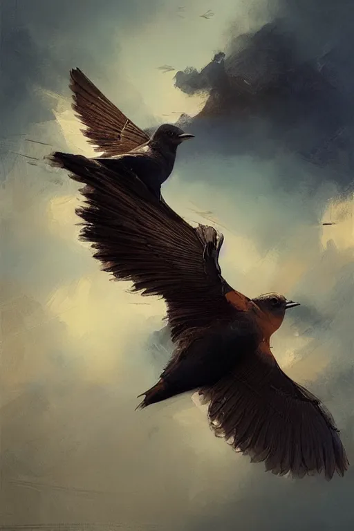 Prompt: birds flying, wings, flock of brown black blue birds, oil painting, sunlit, paint texture, digital painting, highly detailed, artstation, sharp focus, illustration, concept art, ruan jia, charlie bowater, tom bagshaw, norman rockwell