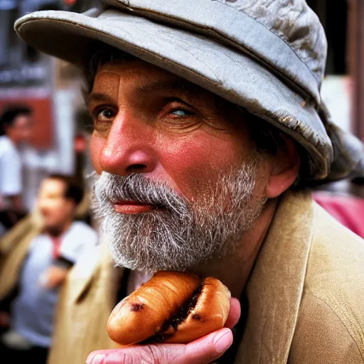 Image similar to closeup portrait of a sneaky man hiding trying to sell hotdogs in a smoky new york back street , by Annie Leibovitz and Steve McCurry, natural light, detailed face, CANON Eos C300, ƒ1.8, 35mm, 8K, medium-format print