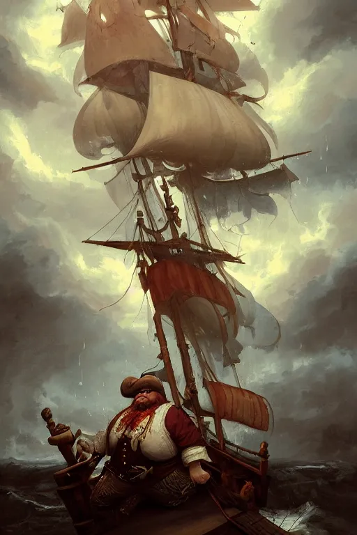 Image similar to mid shot portrait of an obese fat pirate with two peglegs and two hook hands steering a wooden galleon through a rain and lightning storm. view from on deck, sails and masts and rigging, detailed dynamic light painting by peter mohrbacher