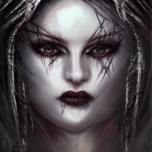 Prompt: kerli koiv as queen of the damned, darkwave, darksynth, concept headshot art, sharp, digital matte painting, art by luis royo, greg rutkowski, wlop, dramatic lighting, trending on artstation