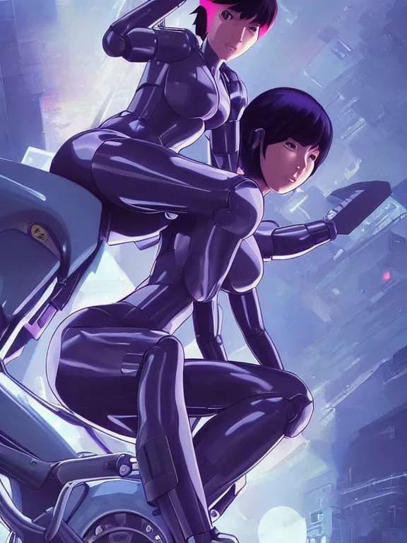 Image similar to a fullbody action still of motoko kusanagi riding on top of a tachikoma, the major ghost in the shell : : stand alone complex, under repairs, maintenance : : by ilya kuvshinov, rossdraws, artgerm, sola digital arts, anti aliasing, raytracing : :