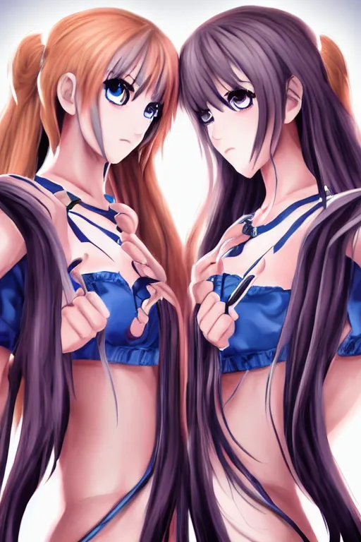 Image similar to two beautiful female fighters with twin tails facing each other, detailed anime art